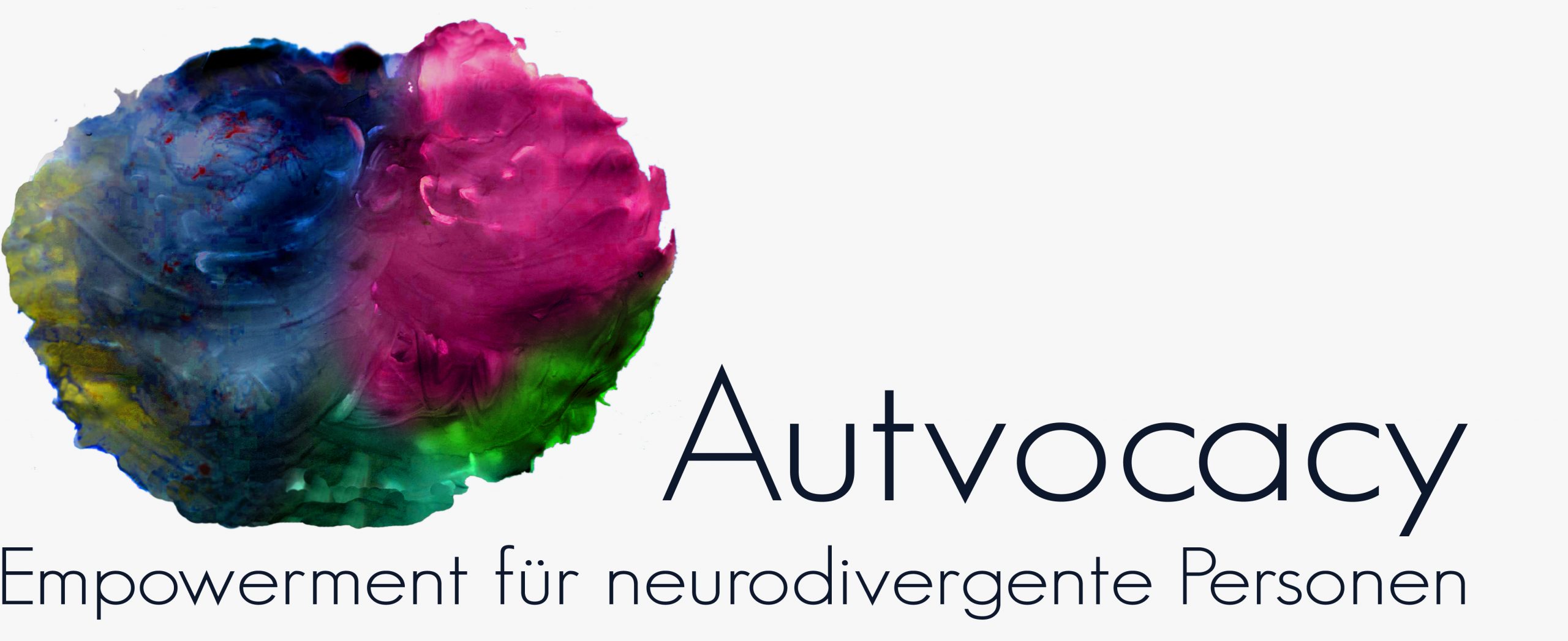 Logo von Autvocacy – Farbflecken in blau, magenta, grün und gelb, die mich an Bilder von menschlichen Gehirnen erinnern. Daneben der Text: Autvocacy – Empowerment für neurodivergente Personen.